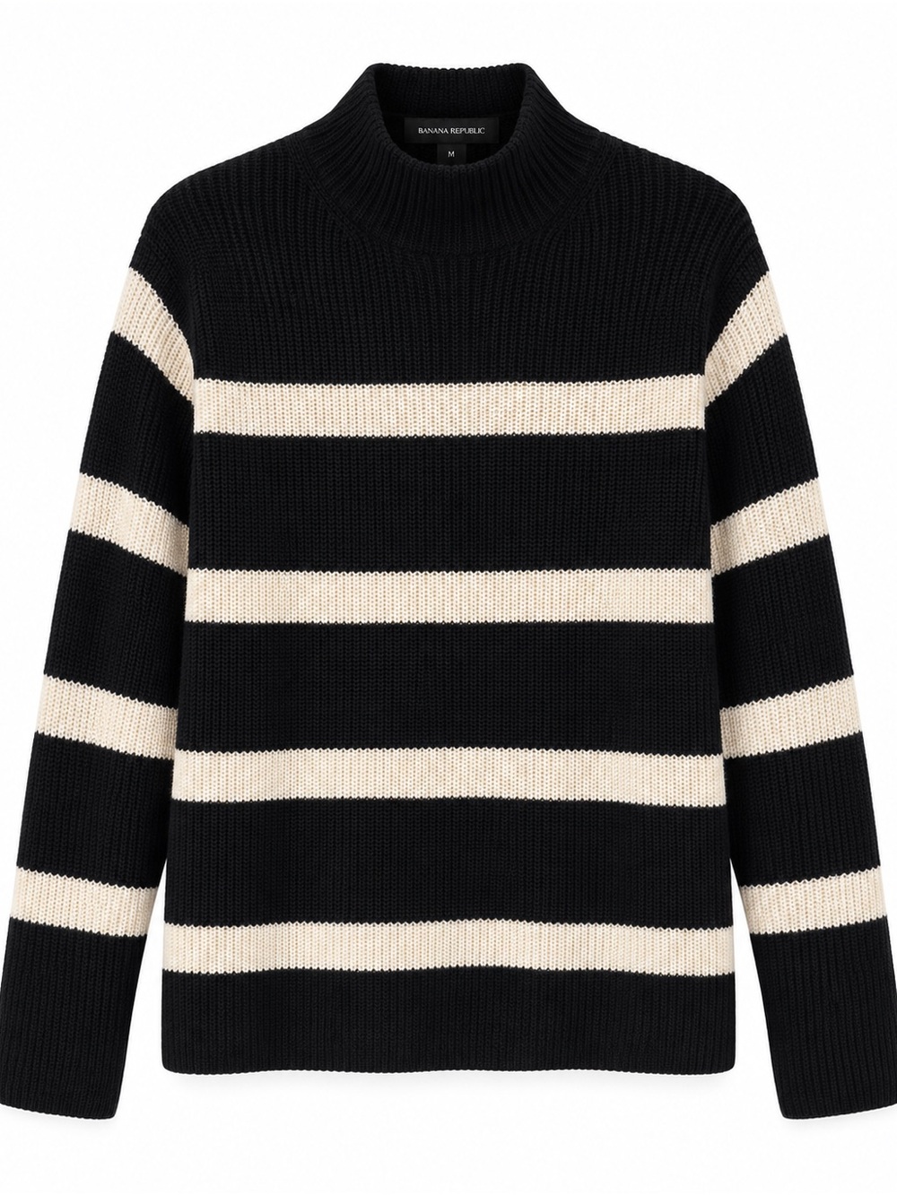 Banana Republic Merino Wool Blend Striped Mock Neck Sweater - Blk/ Crm, Size M